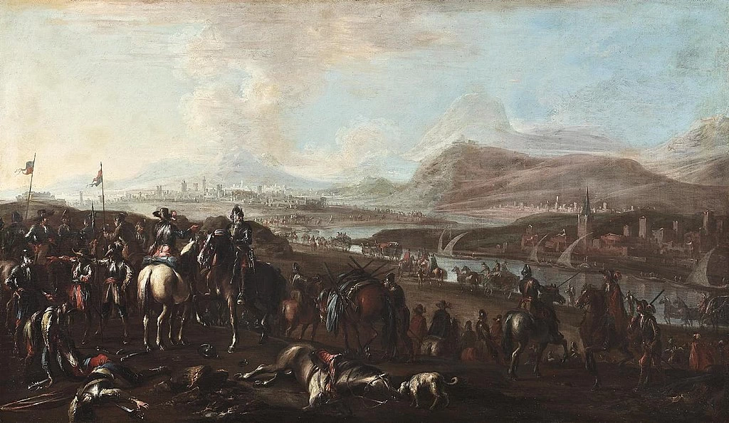 Battaglia equestre in una valle fluviale con una città con torri sulla sponda opposta